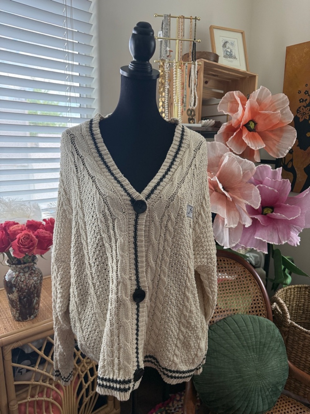 Taylor Swift 2020 Folklore Album OG Patch Cream Cable Knit Varsity Cardi Sweater